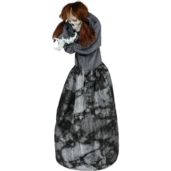 Figura assustadora de mulher esqueleto com luz, som e movimento, 120 cm