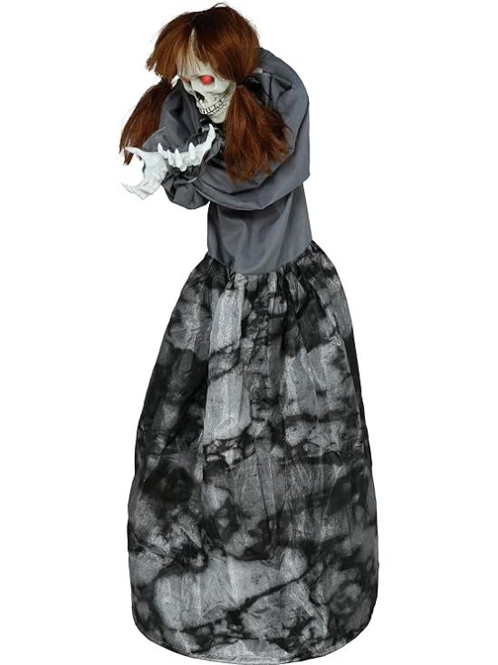 Figura assustadora de mulher esqueleto com luz, som e movimento, 120 cm