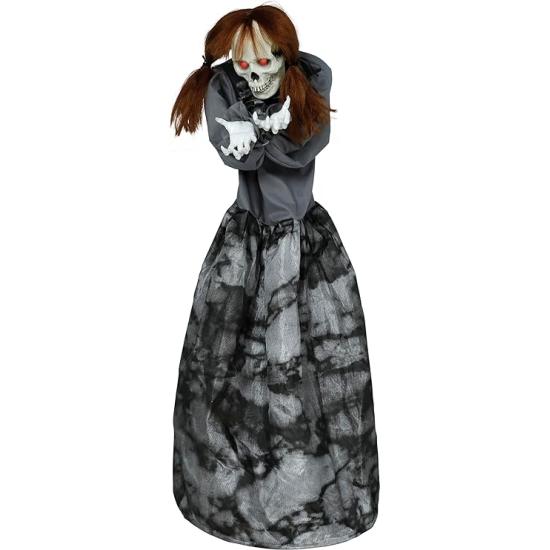 Figura assustadora de mulher esqueleto com luz, som e movimento, 120 cm