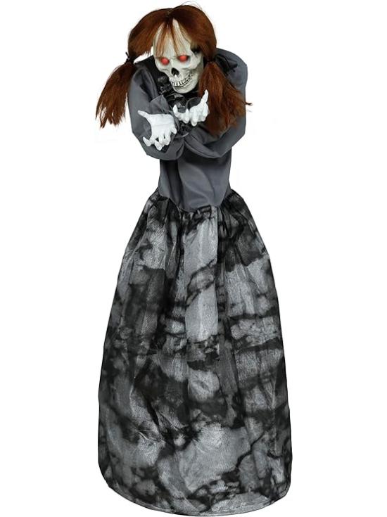 Figura assustadora de mulher esqueleto com luz, som e movimento, 120 cm