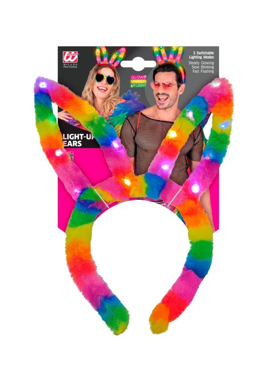 Orelhas de coelho iluminadas com efeito arco-íris para festas e comemorações.