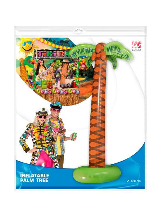 Palmeira inflável, com aproximadamente 180 cm de altura, ideal para decoração de festas na praia e festas temáticas.