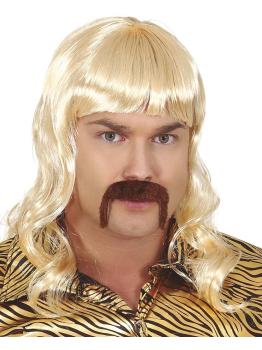 Peruca loira dos anos 70 com bigode Tyger King,