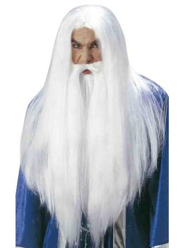 Peruca de feiticeiro branco com barba.
