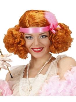Peruca burlesca vermelha decorada com fita e penas...