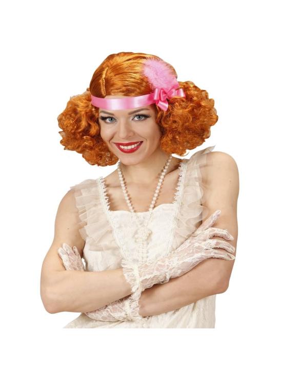Peruca burlesca vermelha decorada com fita e penas...