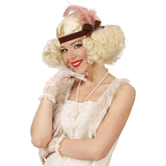 Peruca burlesca loira decorada com fita e pena Peruca burlesca loira decorada com fita e pena