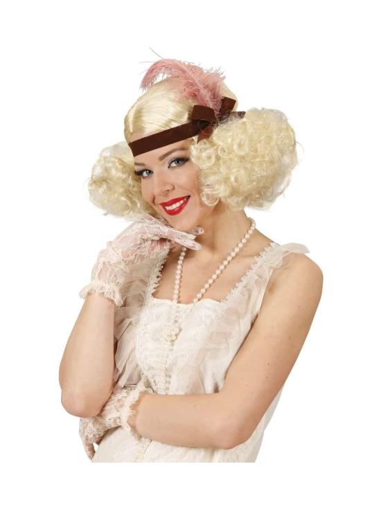 Peruca burlesca loira decorada com fita e pena