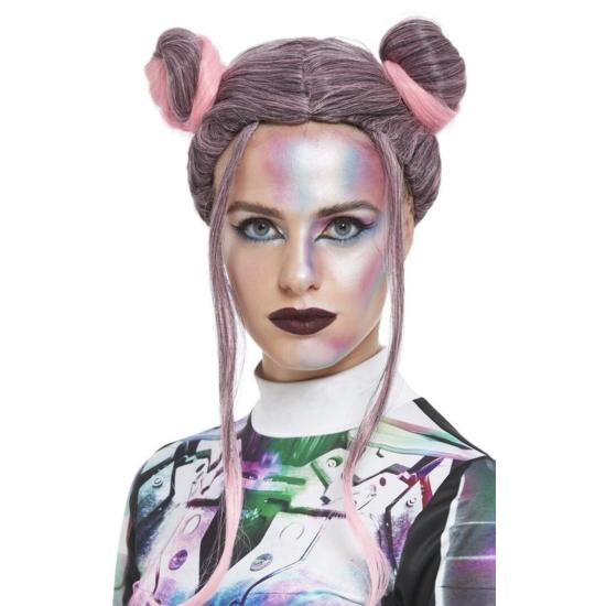 Peruca com coques espaciais, preta e rosa Peruca com coques espaciais, preta e rosa