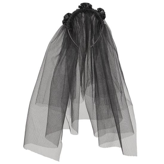 Faixa de cabeça com véu de viúva negra – acessório de cabeça com rosas negras para Halloween e Carnaval Faixa de cabeça com véu de viúva negra – acessório de cabeça com rosas negras para Halloween e Carnaval