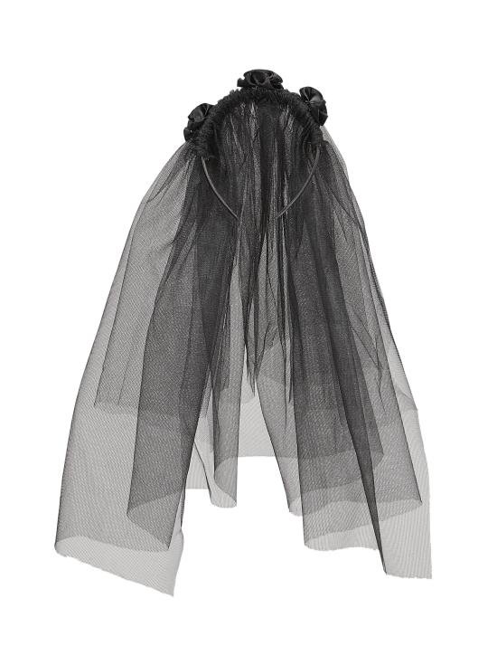 Faixa de cabeça com véu de viúva negra – acessório de cabeça com rosas negras para Halloween e Carnaval