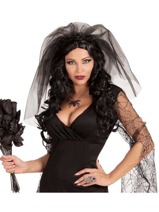 Faixa de cabeça com véu de viúva negra – acessório de cabeça com rosas negras para Halloween e Carnaval