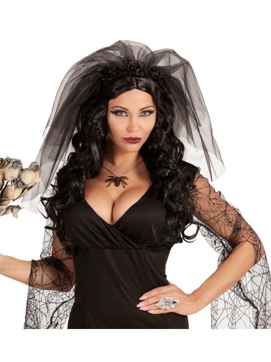 Faixa de cabeça com véu de viúva negra – acessório de cabeça com rosas negras para Halloween e Carnaval
