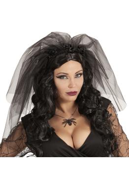 Faixa de cabeça com véu de viúva negra – acessório de cabeça com rosas negras para Halloween e Carnaval