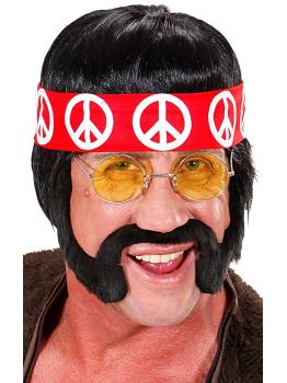 Peruca hippie com bigode, costeletas e fita.