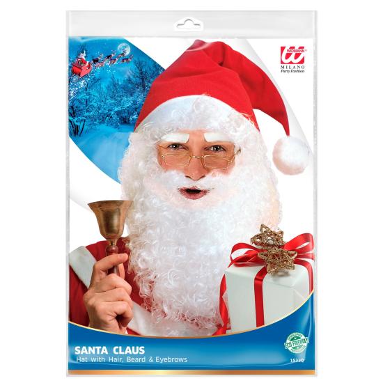 Peruca de Papai Noel com chapéu vermelho, barba longa, bigode e sobrancelhas.