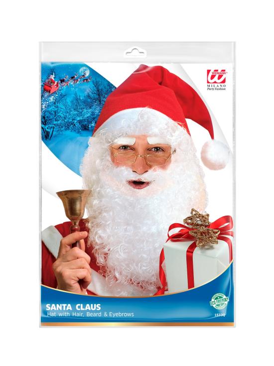 Peruca de Papai Noel com chapéu vermelho, barba longa, bigode e sobrancelhas.