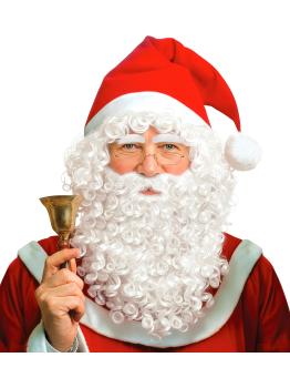 Peruca de Papai Noel com chapéu vermelho, barba longa, bigode e sobrancelhas.