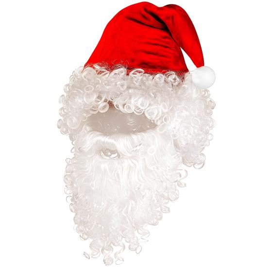 Peruca de Papai Noel com chapéu vermelho, barba longa, bigode e sobrancelhas.