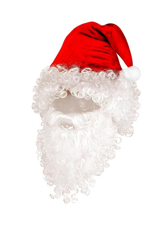 Peruca de Papai Noel com chapéu vermelho, barba longa, bigode e sobrancelhas.