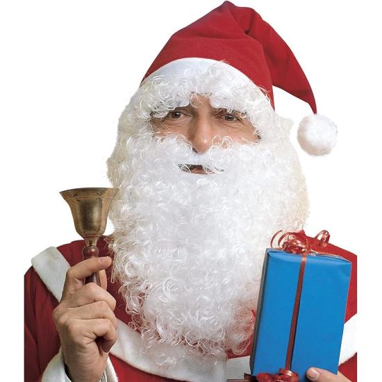 Peruca de Papai Noel com chapéu vermelho, barba longa, bigode e sobrancelhas.