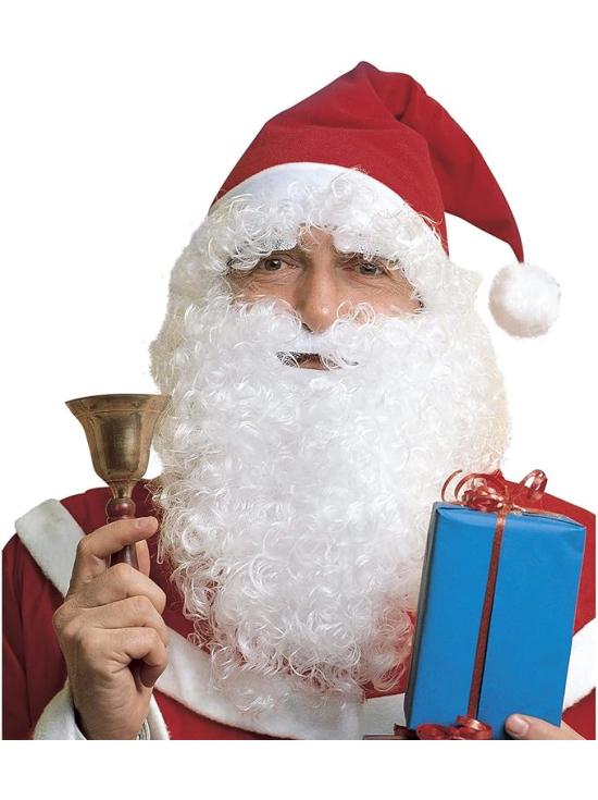 Peruca de Papai Noel com chapéu vermelho, barba longa, bigode e sobrancelhas.