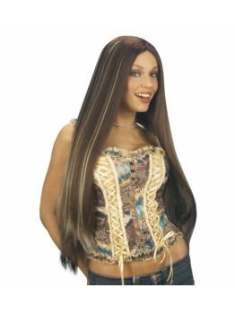 Peruca castanha extra longa com mechas.