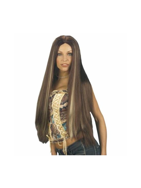 Peruca castanha extra longa com mechas.