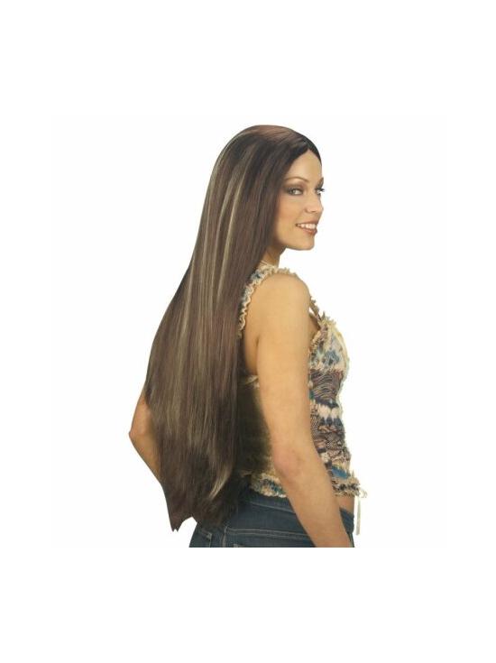 Peruca castanha extra longa com mechas.