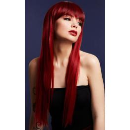 Peruca Fever Jessica, mistura real, vermelho rubi, raízes escuras, peruca longa em camadas com franja, 66 cm