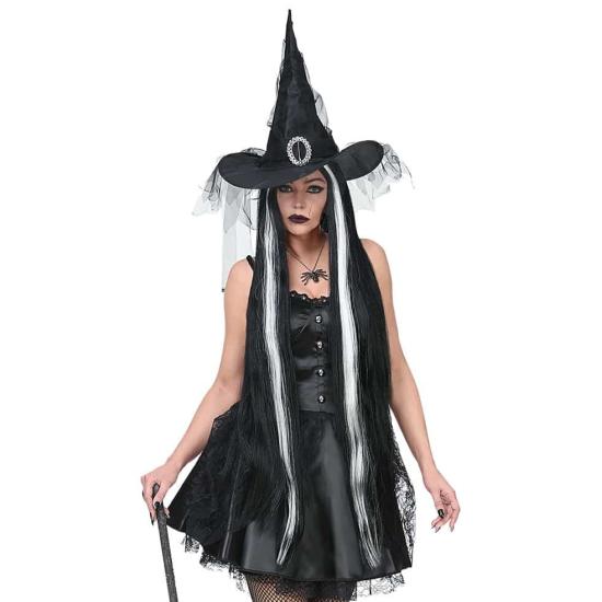 Peruca extra longa preta e branca de Halloween