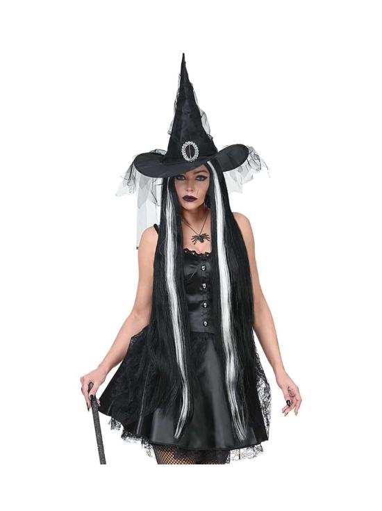 Peruca extra longa preta e branca de Halloween
