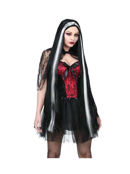 Peruca extra longa preta e branca de Halloween