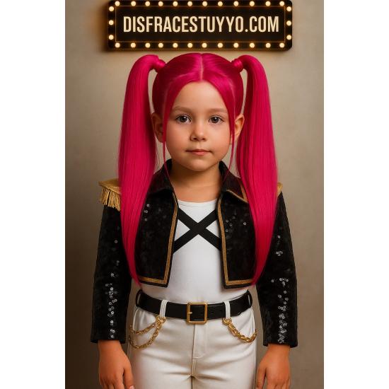 Peruca rosa K-Pop Mira para crianças com maria-chiquinhas – Acessório de fantasia para carnaval e festas.