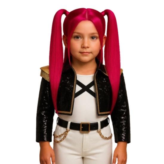 Peruca rosa K-Pop Mira para crianças com maria-chiquinhas – Acessório de fantasia para carnaval e festas.