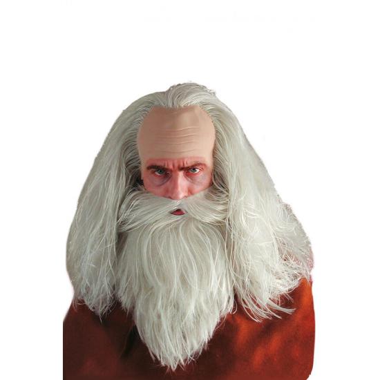 Peruca de bruxo com bigode e touca de látex em estojo Peruca de bruxo com bigode e touca de látex em estojo