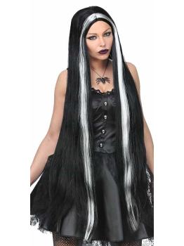 Peruca extra longa preta e branca de Halloween