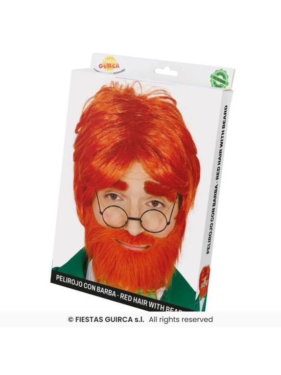 Peruca vermelha com barba quadrada, cor vermelha, duende