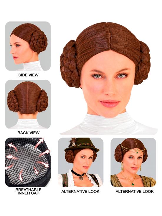 Peruca castanha da Princesa Leia com coques trançados