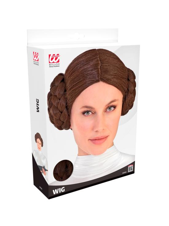 Peruca castanha da Princesa Leia com coques trançados