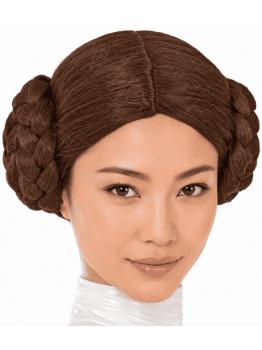 Peruca castanha da Princesa Leia com coques trançados