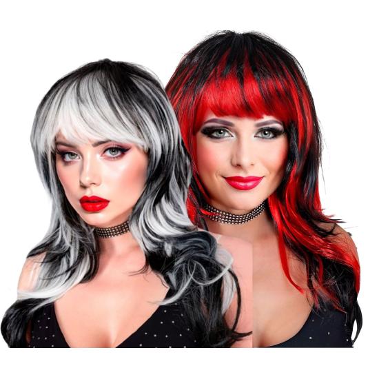 Peruca de Vampiro – Longa com Franja (Preto/Branco e Preto/Vermelho)