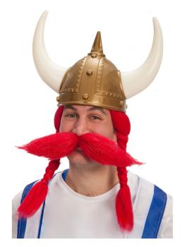 Peruca viking vermelha com bigode em estojo