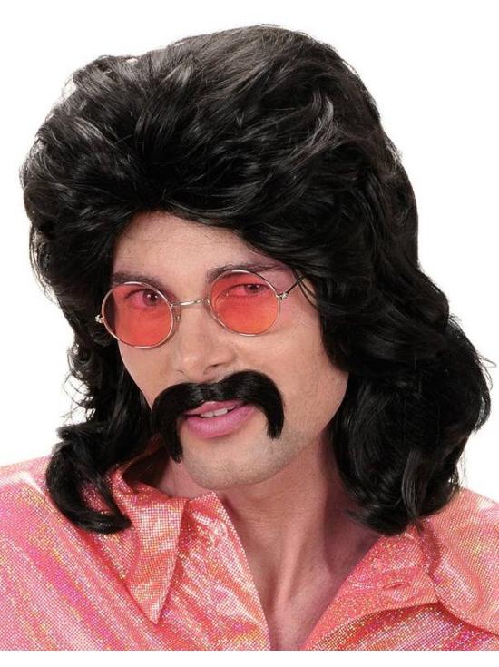 Peruca e bigode pretos anos 70