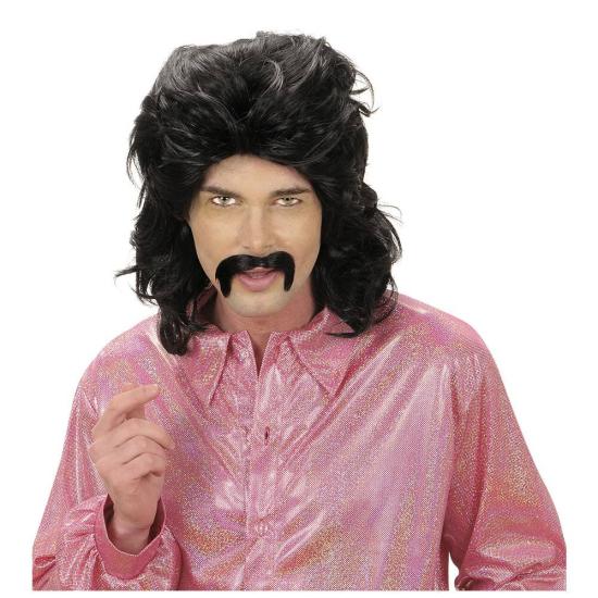 Peruca e bigode pretos anos 70