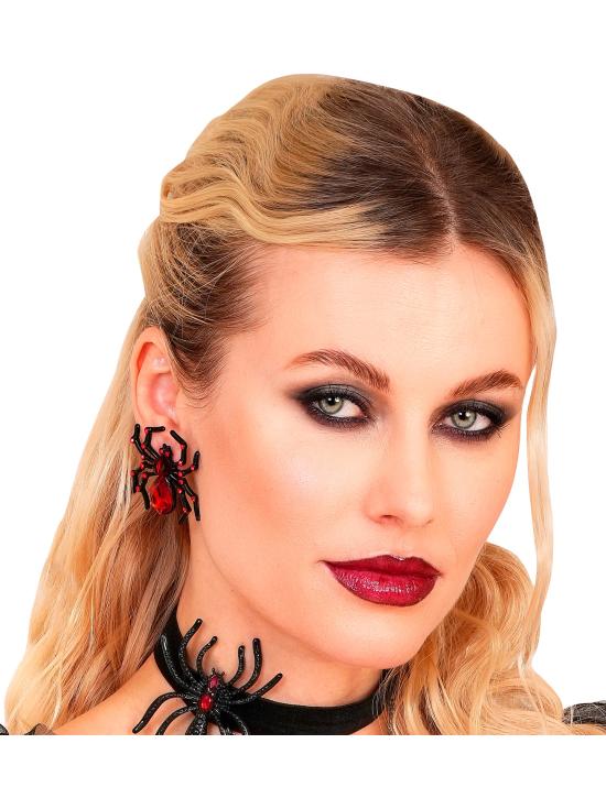 Brincos de aranha com gema e diamantes vermelhos para o Halloween