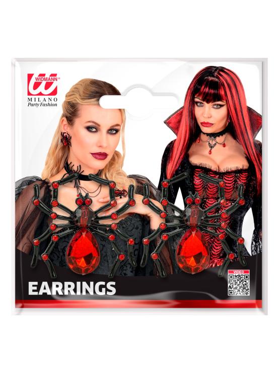 Brincos de aranha com gema e diamantes vermelhos para o Halloween