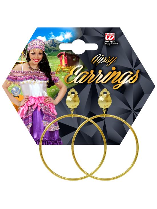Brincos de argola dourados com clipe – acessório para fantasia de cigana, pirata ou cartomante (6 cm) | Widmann