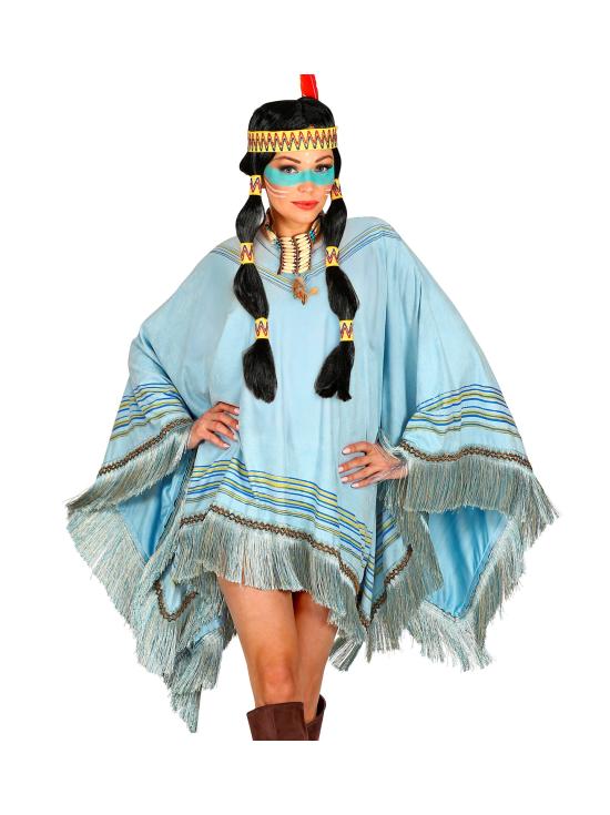 Poncho de camurça azul com franjas – Fantasia indiana ou hippie para mulheres