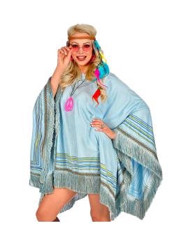 Poncho de camurça azul com franjas – Fantasia indiana ou hippie para mulheres